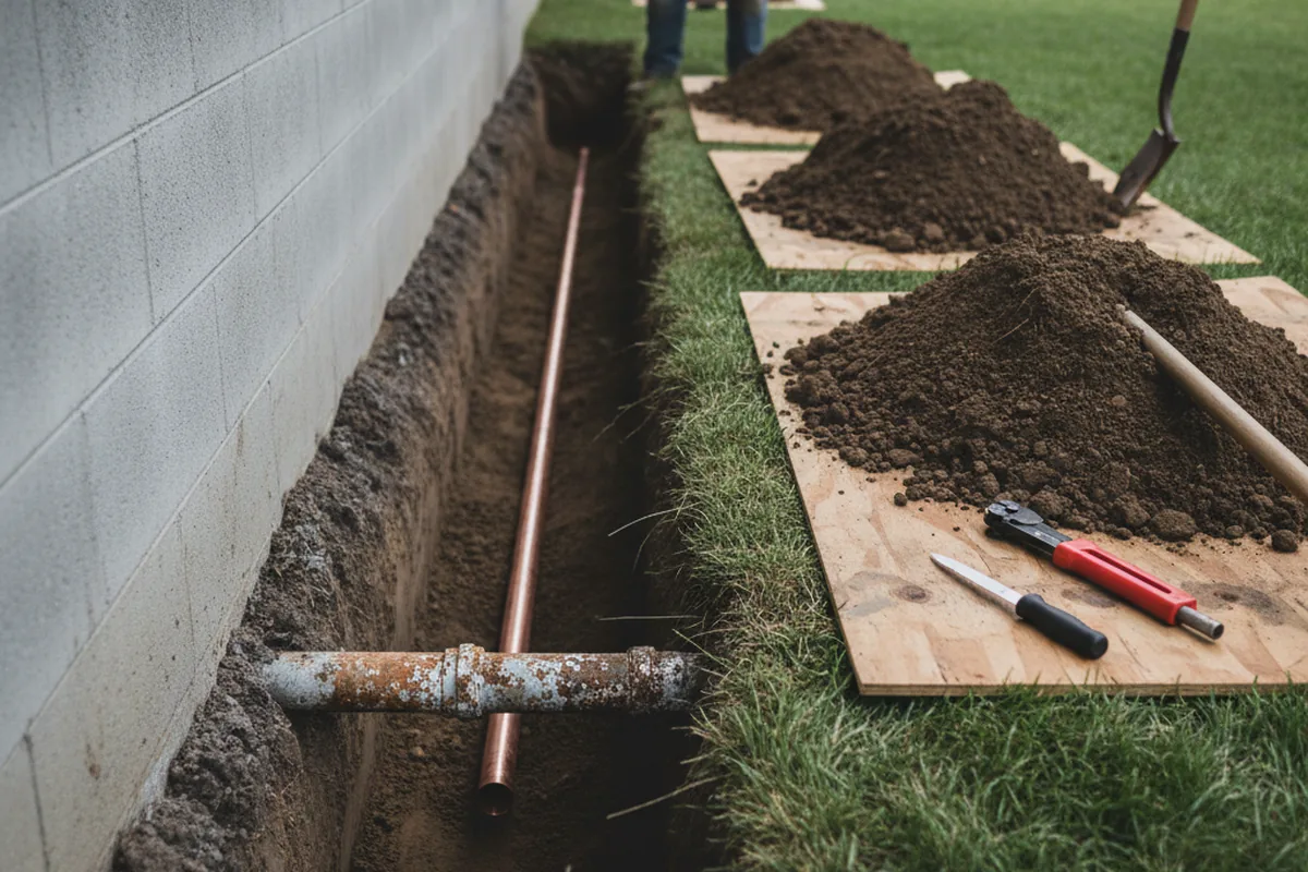 Excavated water line trench during Water Softener Installation in Warrenton